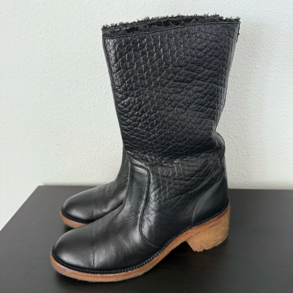 Chanel CC Logo Shearling Black Leather Boots
